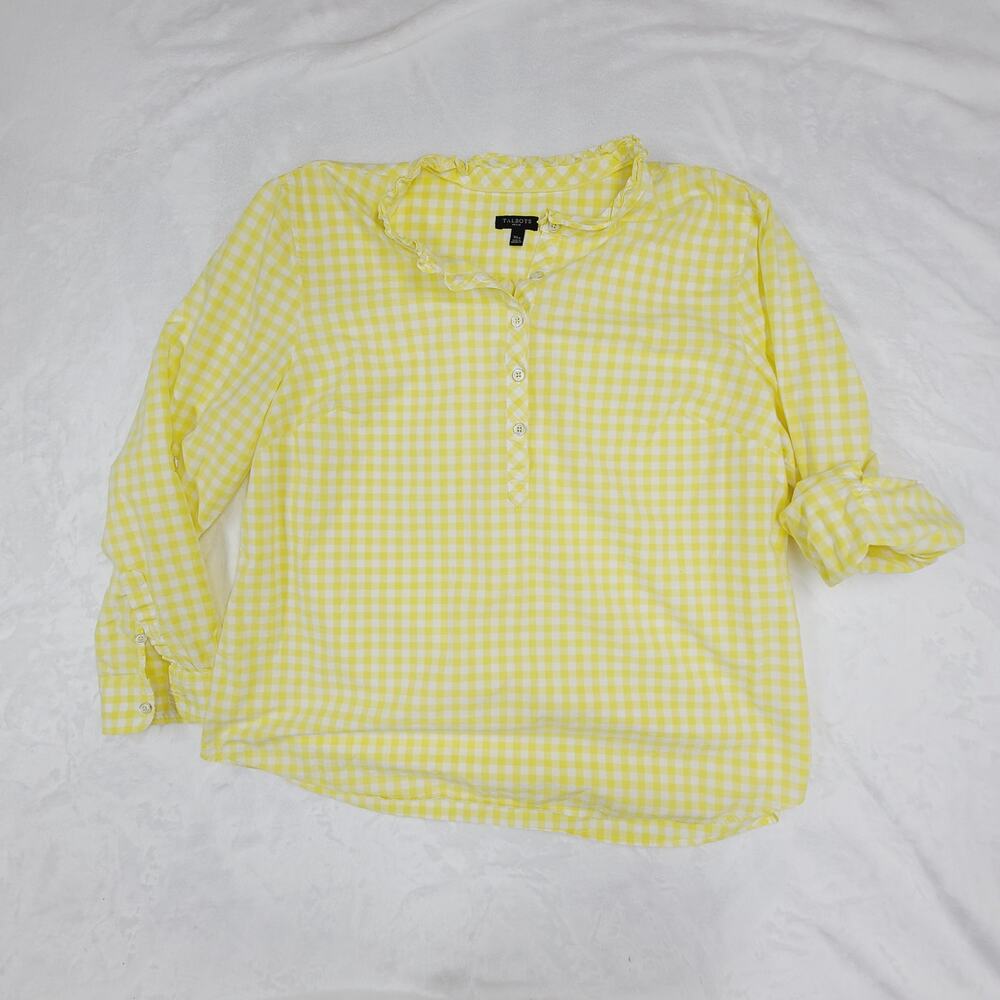 Talbots Yellow Gingham Blouse XLP Cotton Top Petite Plus Button Front Preppy - Picture 1 of 10